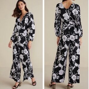 Soft Surroundings Penelope Long Sleeve Jumpsuit Black White Floral 3X T2